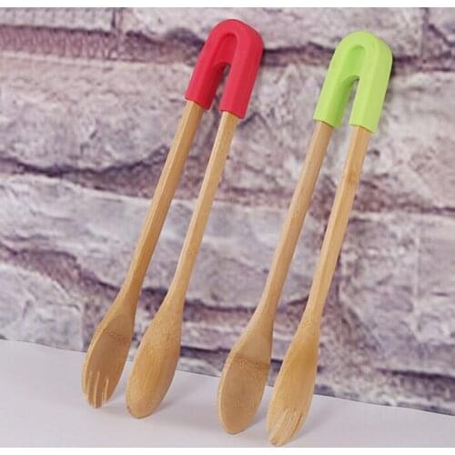 Bamboo Food Toaster Tongs Wooden Salad Cake Snack Clip Grip Silicone Handle Bread Tongs Kitchen Tools Clamp