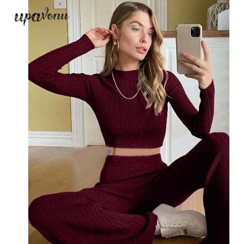 Free Shipping 2020 New Fashion Womens Knitted Sweater Two-piece O-neck Long Sleeve Short Pullover Top & Straight Pants Set