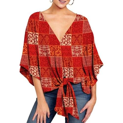 Print Sexy Deep V Neck Flare Half Sleeve Oversized Tops Shirt Women Casual Loose Streetwear Temperament Office Blouses