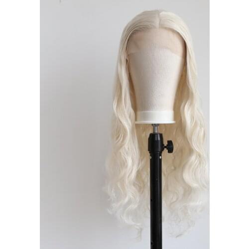 BTWTRY Platinum Blonde Synthetic Lace Front Wig T-Part Lace #60 Long Wavy Wigs Half Hand Tied Replacement Wig for Daily Wear