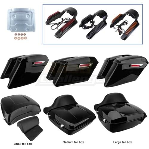 Motorcycle Black Hard Bag Saddlebags Luggage Trunk Case Backrest LED Tail Light Rear Fender Extension Fascia Metal Base Plate