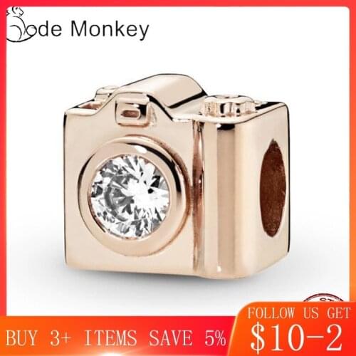 CodeMonkey 100% Real 925 Sterling Silver Rose Golden Color Travel Camera Charms Beads Fit Original 3mm Bracelet CMS1546