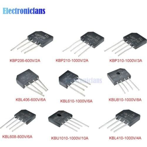 5pc Diode Bridge Rectifier 3A 6A 8A 10A 15A 25A 35A 600V 800V 1000V GBJ1510 GBJ2510 GBJ3510 KBP310 KBL410 KBU810 KBU1010 KBU1510