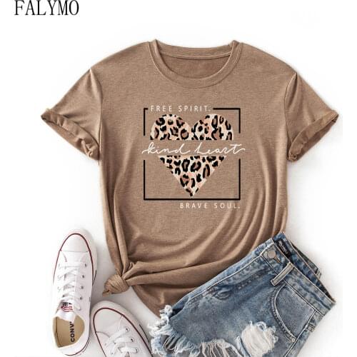 Free Spirit Kind Heart Leopard Tees Women Short Sleeve Casual T-Shirt Summer Graphic Tee Shirts Female Tops Shirt Shirts Women