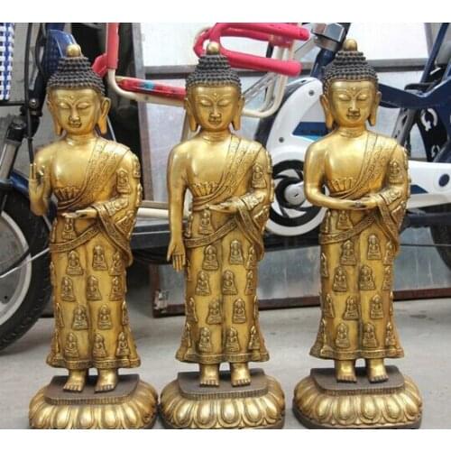 JP S1019 Tibet Folk Temple Bronze Copper Gild Three Tathagata Sakyamuni Buddha Statue Set