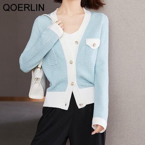QOERLIN High Stretch Blue Sweater Women Autumn Winter Pocket Fashion Stylish V Neck Cardigan Single-Breasted Knitted Jacket Girl