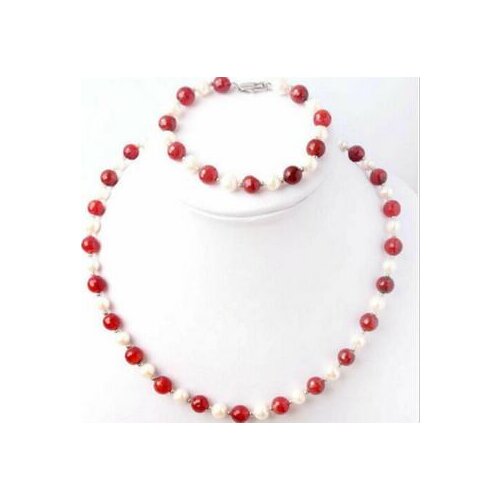Natural 7-8mm White Freshwater Pearl & Red Jade Necklace Bracelet Set 18