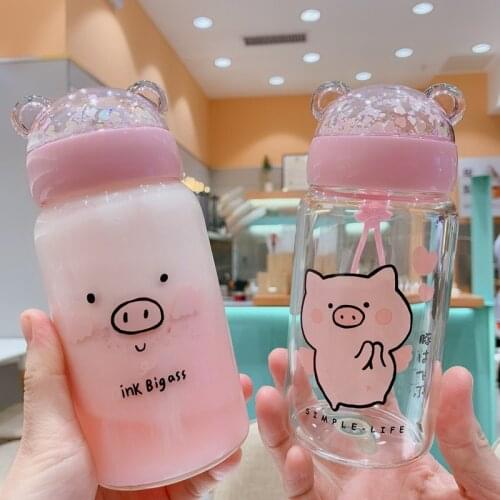 350ml Creative Sequins Pig Glass Water Bottle Korean Cute Cartoon Glass Cups Portable Handle Leakproof Water Bottles for Girls