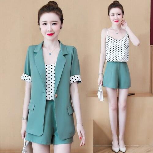 Summer Womens Suit 2021 New Short Sleeved Blazer Shorts Sleeveless Polka Dot Suspender Top 3 Piece Plus Size Female Pants Set