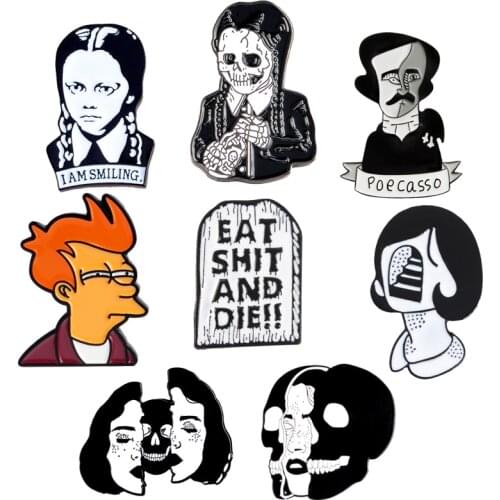 Punk Portrait Lapel Metal Pins Wednesday Skeleton Split Face Tombstone Brooches Badges Clothes Pins Jewelry Gifts For Friends