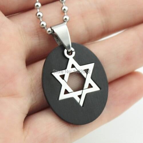 Fashion 2-in-1 Oval Black Silver Tone Stainless Steel Star of David Hexagram Pendant Mogen David Necklace Gift MN212