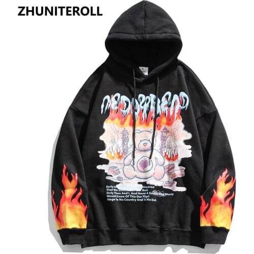 2021 Flame Bear Letter Print Men Hoodies Streetwear Hip Hop Harajuku Casual Pullover Hooded Sweatshirts Men Japanese Couple Tops