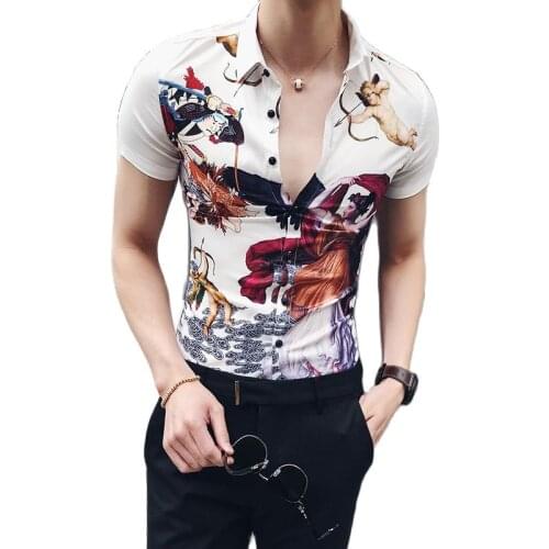 2019 Summer New Mens Fashion Boutique Printed Casual Short-sleeved Shirt Hawaiian Male Slim Tight-fitting Striped Casual Shirts