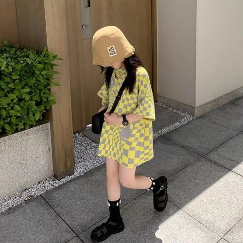 Girls Clothes Summer New Loose Short Sleeve Tshirt Kids Fashion T-shirt Dresses Childrens Clothing Plaid Top Princess Dress