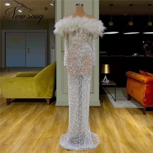 Saudi Arabia Boat Neck Feathers Evening Dresses Formal Beading Party Gowns Robe De Soiree Kaftans Sheer Prom Dress For Islamic