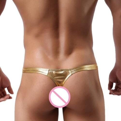 Sexy Lingerie G-string Thong Panties Mens Underwear Briefs Faux Leather Breathable Underpants Male Panties Golden/Silver