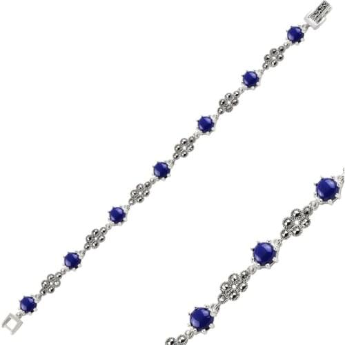 Silver 925 Sterling Marcasite & Natural Stone Bracelet
