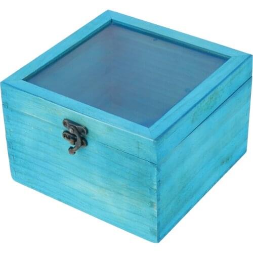 Blue Wooden Jewelry Chest Flower Storage Case Gadgets Accessories Organizing Box with Hinged Cover Clasp