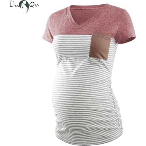 Maternity Tops Short Sleeve Striped V Neck Pregnancy T-Shirt With Pocket Maternity Clothes Premama Casual Tunic Shirt