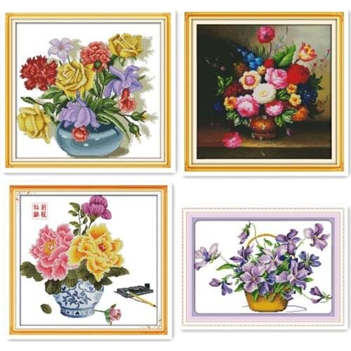 11CT 14CT Three-dimensional Embroidered Print Cloth Cross-stitch Kit Rose Peony Flowers Vase Hand-embroidered
