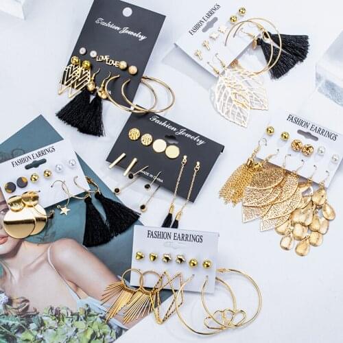 BLINLA Gold Color Vintage Statement Drop Earrings For Women Geometric Leaf Long Tassel Metal Earring Set Fashion Jewelry 2020