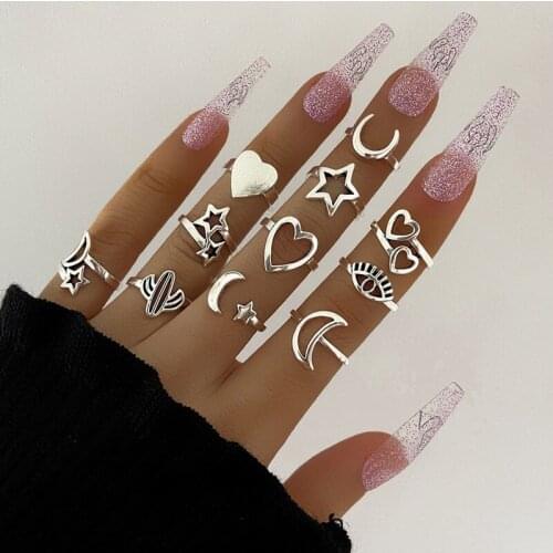 11 Pcs/Set Vintage Star Moon Heart Rings Set Fashion Multielement Rings for Women Party Jewelry Accessories