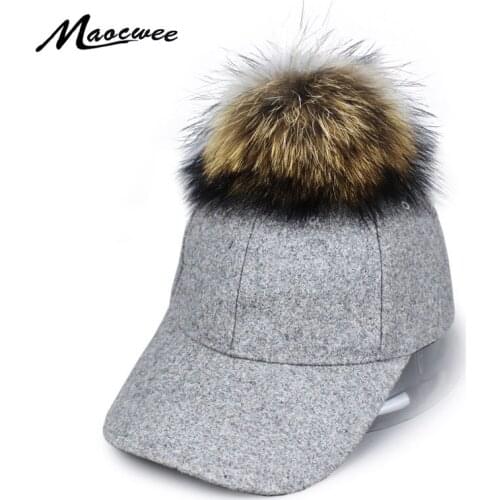 Women Baseball Hat With Real Fur Pompom Ball Suede Adjustable Snapback Cap Dad Hat Nature Fur Pompon Hats Warm Baseball Hat Bone