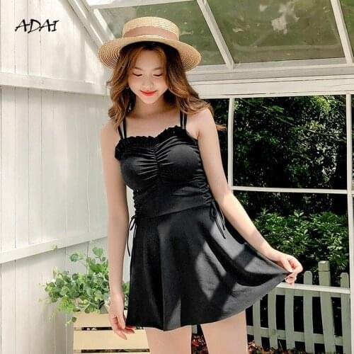 Korean Style Cute Swimsuit Women Collect Waist Drawstring Designer Bathing Suit Solid High Cut Swim Skirt One Piece Swimwear