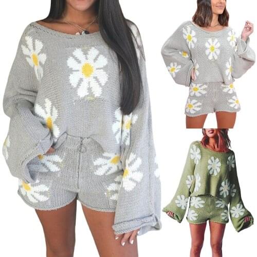 Y2K Woman Knitting Sweater Short Sets Flower Pattern Long Sleeve O-Neck Loose Knitted Tops High Waist Shorts 2PCS Clothes Set