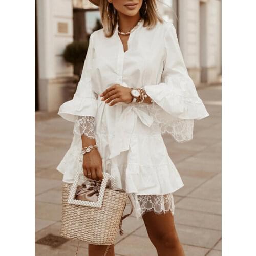 2021 Elegant Spring Flare Sleeve Lady Shirt Dress Summer Patchwork Lace Belted Party Dress Women Casual V Neck Button Mini Dress