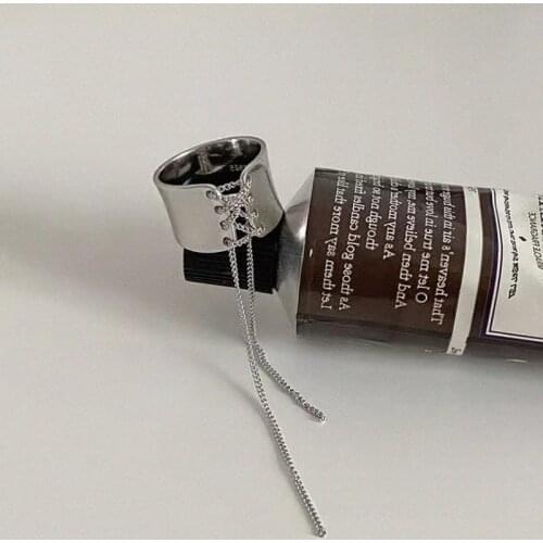 VSnow Vintage Metallic Strap Chain Wide Rings for Women Silver Color Metal Long Chain Knotted Charm Ring Statement Jewelry Gift