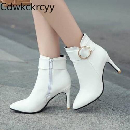 Winter The New fashion Pointed Fine heel 8CM Martin boots white Rhinestone Plus cashmere Keep warm High heel Women boots 34-48