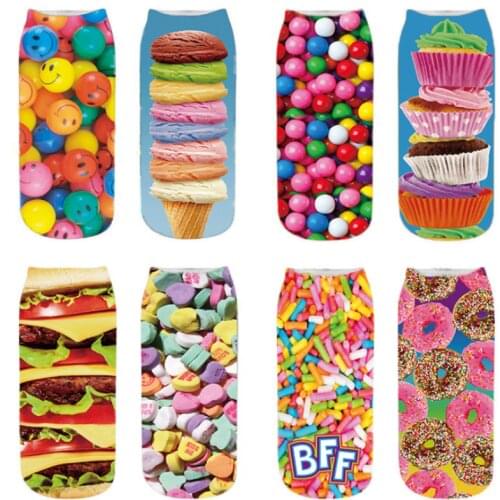 3D Printing Food Cotton Socks Fun Burger Fries Fruit Lollipop Printed Harajuku Short Socks For Women Happy Fuzzy Low Ankle Socks