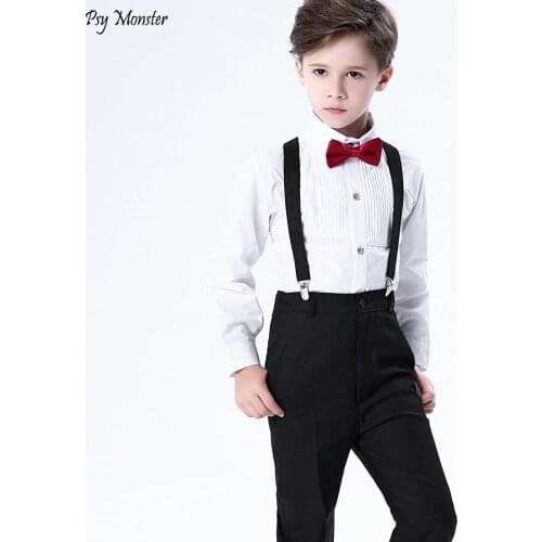 4pcs Children Primary School Class Chorus Performances Clothing Set Boys Dresses Bibs Uniforms Kids Shirrts Pants Strap Bowtie