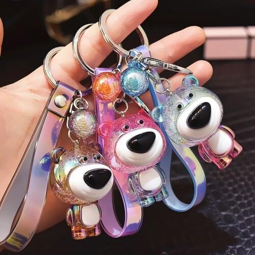 Acrylic crystal bubble magic color Bear key chain Dazzle color bear laser leather rope doll pendant gift