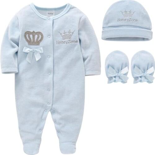 Newborn Baby Boys Girl Rompers with Hat Gloves Long Sleeve Cartoon Crown Velvet Infant Jumpsuit Overalls Toddler Onesies Outfit