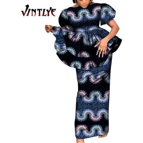 2 Pcs Set Dashiki Women Clothes African Print Skirt Set Elegant Puff Sleeve Pleated Shirt and Robe Skirt African Clothing WY9046