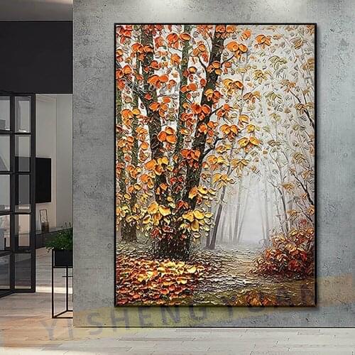 Lates Best Landscape Knife Thick Oil Painting Wall Canvas Birch Tree Art Picture Modern Canvas Artwork For Living Room Decor