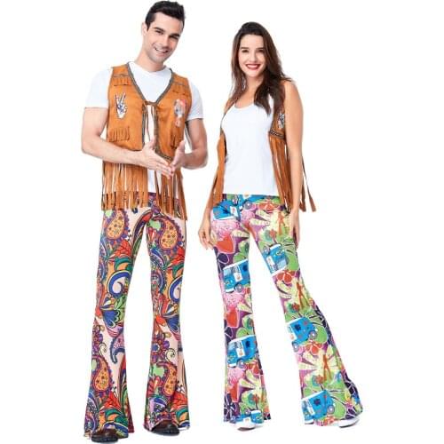 Men Women 60s 70s Hippie Disco Costume Clothes Ladies Hippy Fringe Tops Bell Pants Party Flare Dress Outfit For Adult Couples