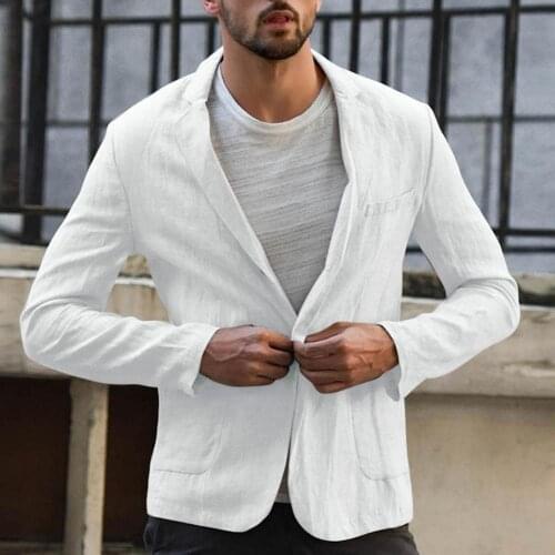 Men Autumn Solid Color Long Sleeve Pockets Cotton Linen Slim Blazer Coat Jacket chaquetas y americanas костюм мужской