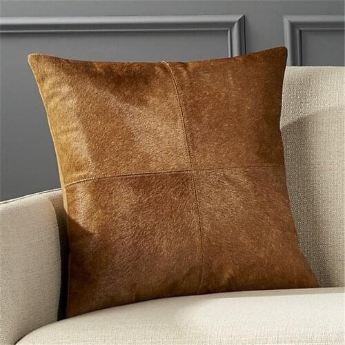 Natural real fur cowhide brown leather pillowcase, custom size