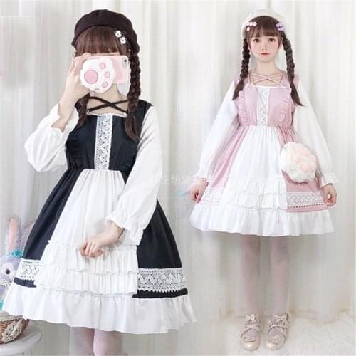 2020 New Kawaii Japanese Lolita Dress Retro Long Sleeve Tea Party Cute Loli Costume Cosplay Sweet Princess Lolita OP Vestidos