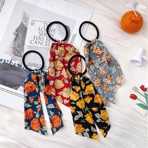 New French Sweet Floral Streamer Hair Ring Korean Style Of Fairy Bow Vintage Hair Rope Girl Tie Hair Basic Head Rope Hair Access