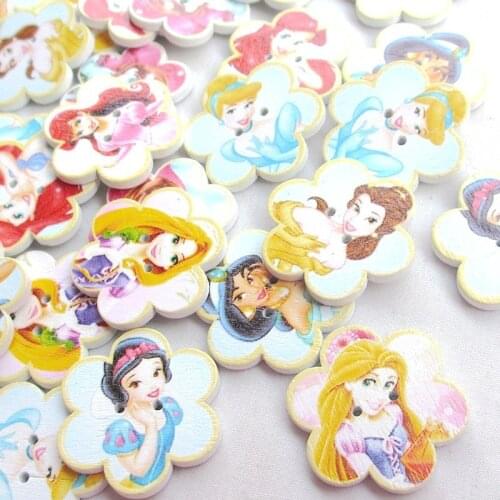WBNSLO 50pcs Dream Princess Doll Printed 28mm Florer Wood Buttons 30MM Botoes for Children clothes scrapbooking