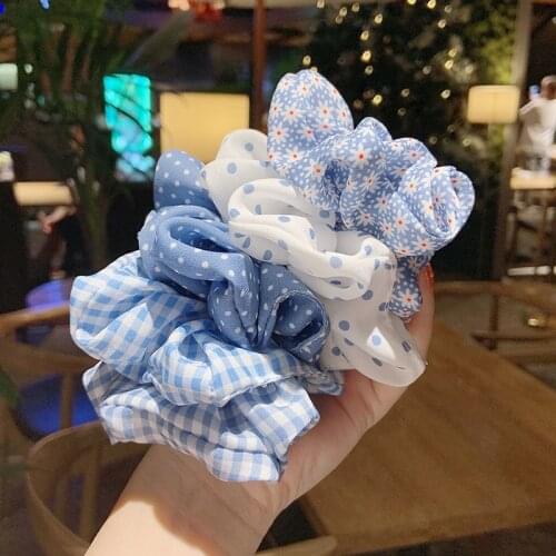 Blue Color Vintage Stretch Hair Scrunchie Elastic Hair Bands Plaid Dot Headwear Ponytail Holder Ties Rope Hair Accessories Gift