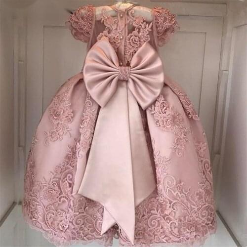 Pink Girls Flower Dresses For Party vestido daminha Pearls Sash Bow Cap Sleeves Flower Girl Dress Lace First Communion Dress