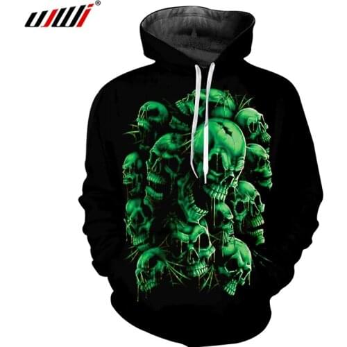 UJWI Mens 3d Hoodies Cool Print Green Skull Sweatshirts Man Hiphop Streetwear Tracksuit Long Sleeve Hooded Pullovers Jumpers