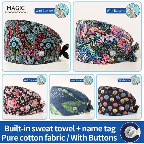 Unisex Nurse Scrubs Caps with Buttons Pet Grooming Scrubs Hat with Sweat-absorbent Medical Working Hat Printed Scrubs Women Hats