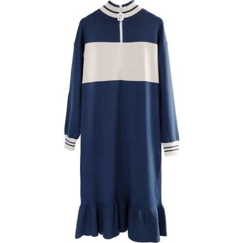 PERHAPS U Ruffle Zipper Blue White Patchwork Stand Collar Long Sleeve Sport Dress Knee Length Autumn Straight D1504