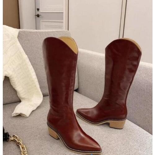 Moraima Snc Woman Pointed Toe Mid-calf Boots Brown Leather Thick Heels Dress Shoe Fashion Riding Boots White Black